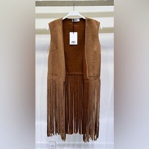 (57671-CML) FAUX SUEDE OPEN VEST WITH FRINGE HEM